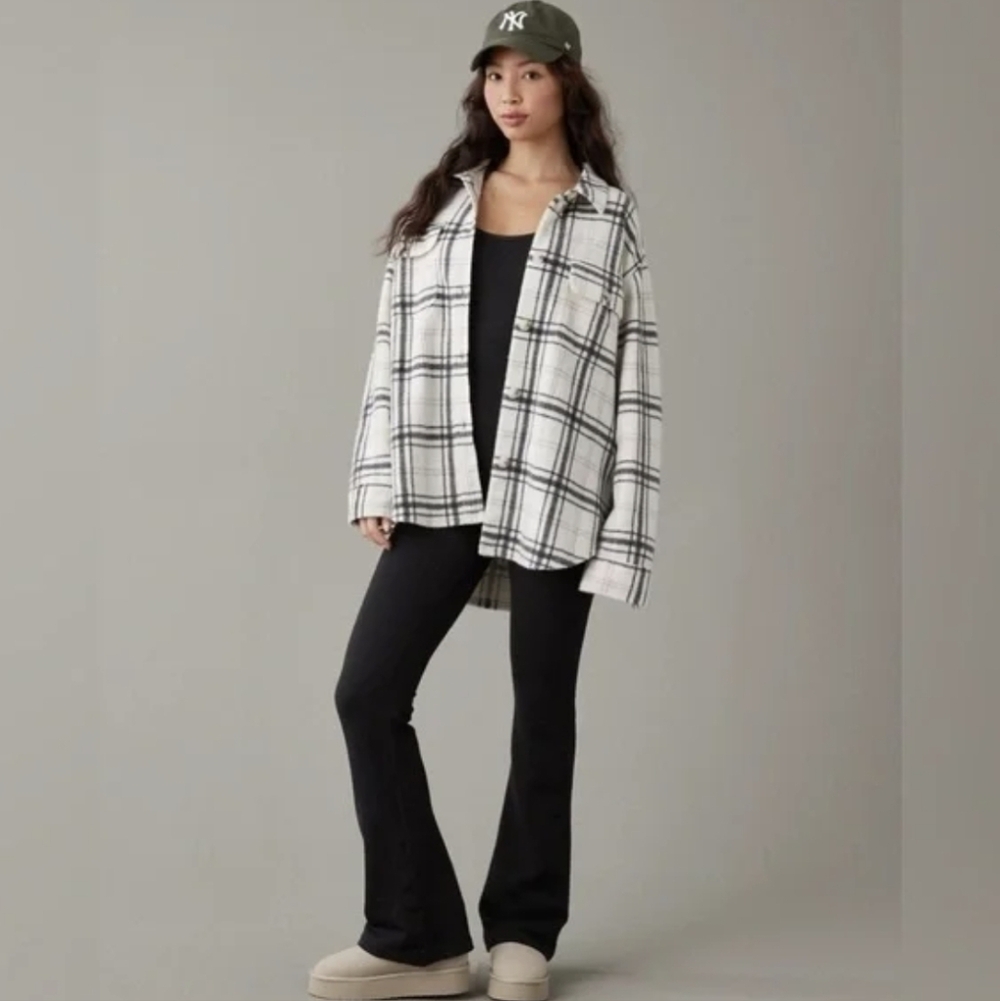 AE Black & White Plaid Fleece Oversized Jacket Cozy Athleisure Outdoor XL